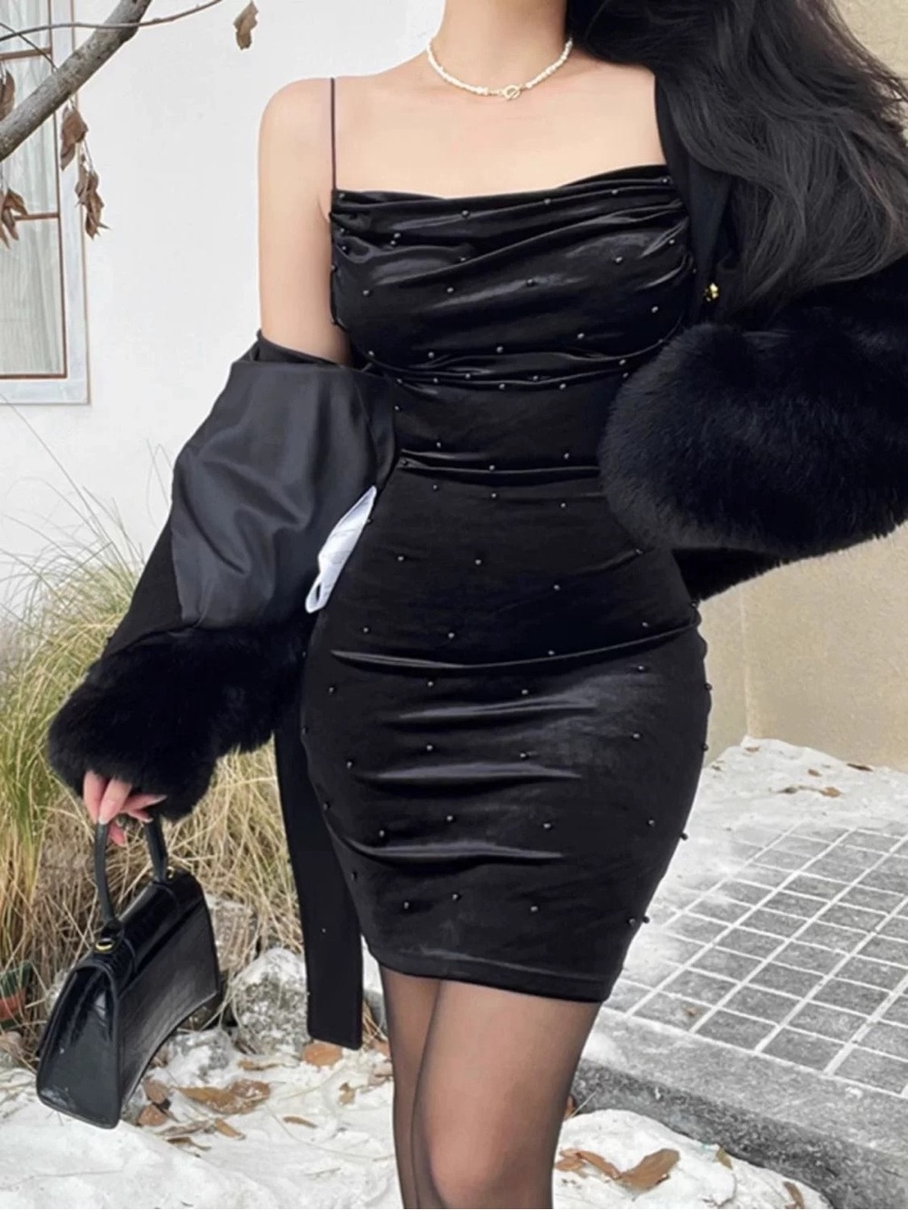 Black Beaded Velvet Cowl Neck Mini Dress